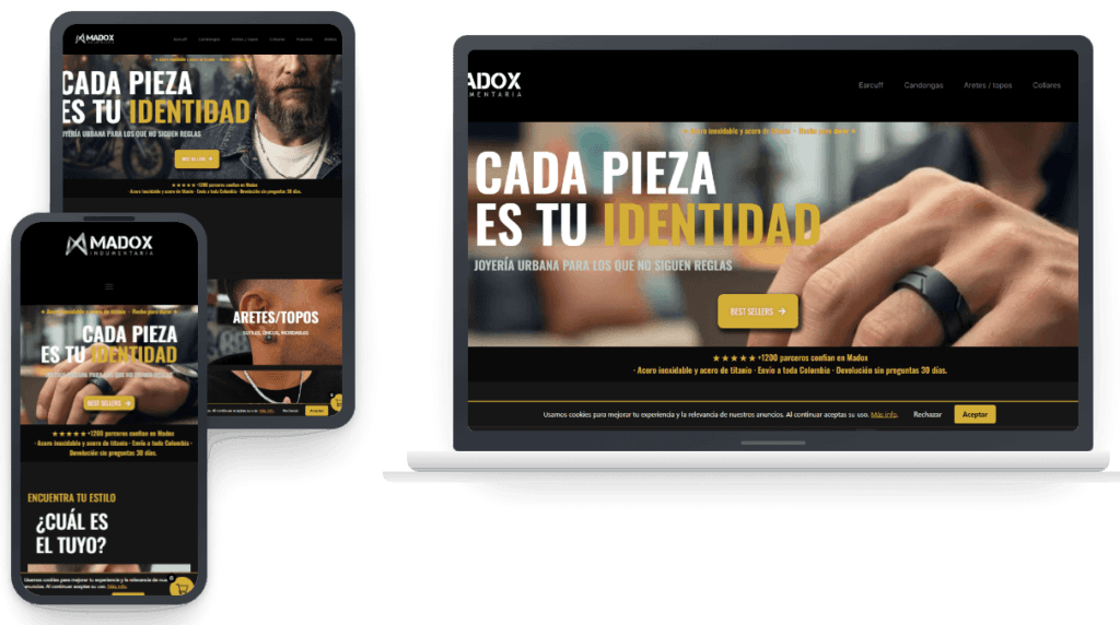 Mockup del sitio de Madox Indumentaria, diseñado y desarrollado por Andrés Rueda